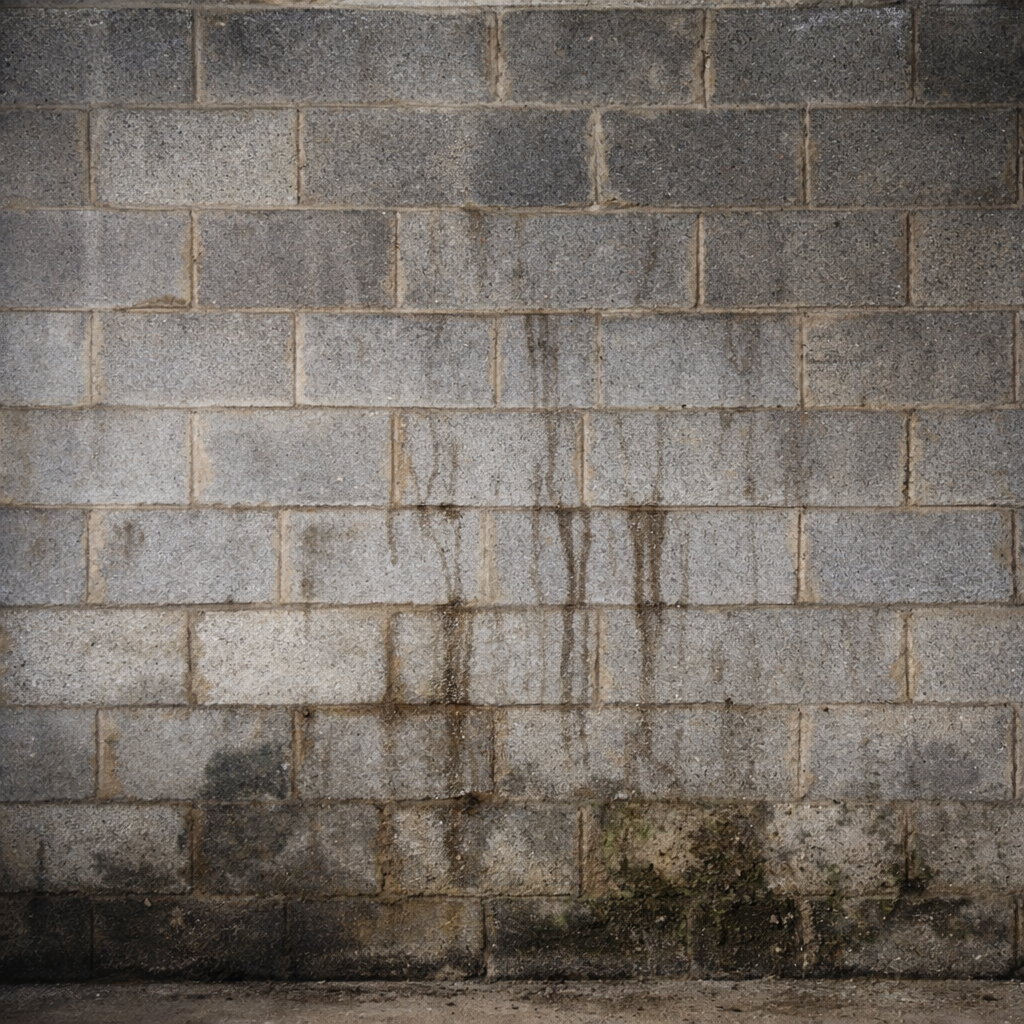 Water seepage stains and mold growth on basement cinder block wall