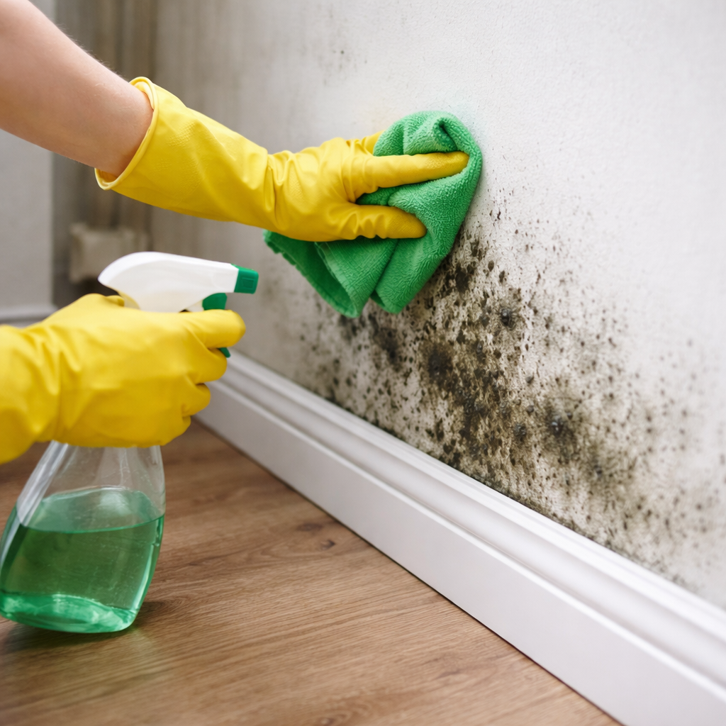 Cleaning Mold From Wall With Protective Gloves