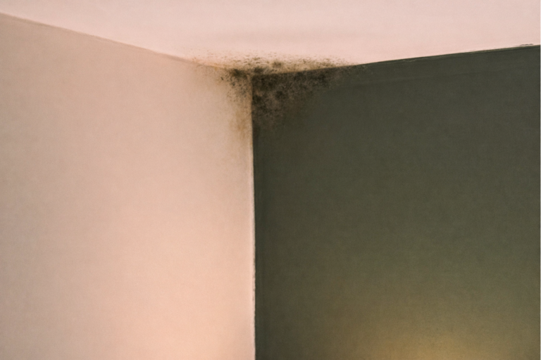Crecimiento temprano de moho y manchas de agua en la esquina del techo causadas por exceso de humedad interior.
