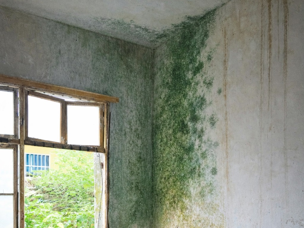 Crecimiento de moho en la esquina de una pared causado por humedad y marcas de agua cerca del techo