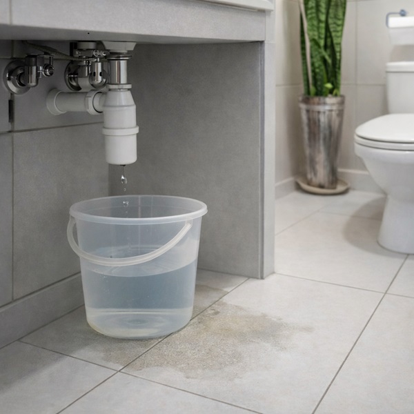 Small bucket catching water from a slow leak under a bathroom sink to prevent water damage